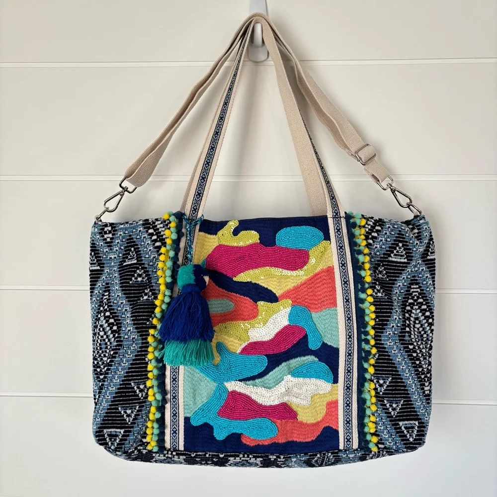 America & Beyond Daphne Embellished Multi Colored Hand Beaded Tote